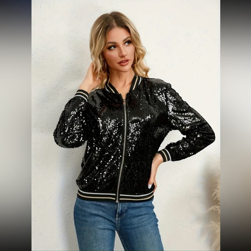 Black Sequins Jacket with Gold and White Fleur De Lis on back - Picture 5 of 6